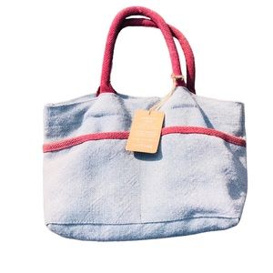 Adorable boutique jute tote bag by Love Vivid in light blue and burgundy handles